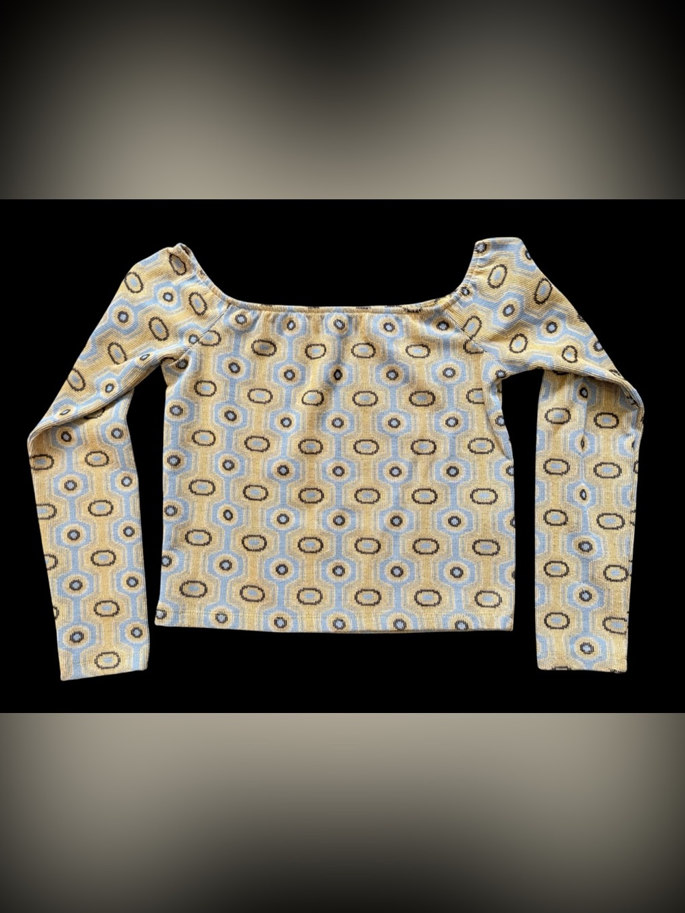 Zara Womens M Geometric Knit Crop Top Blue Yellow Brown Retro 70s Y2K Stretch